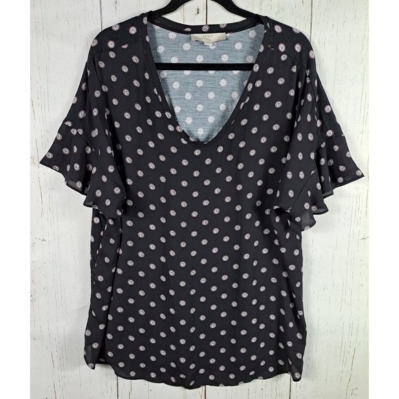 LOFT Plus Size 20 Womens Black Polka Dot Print Short Flutter Sleeve Top - Picture 1 of 8